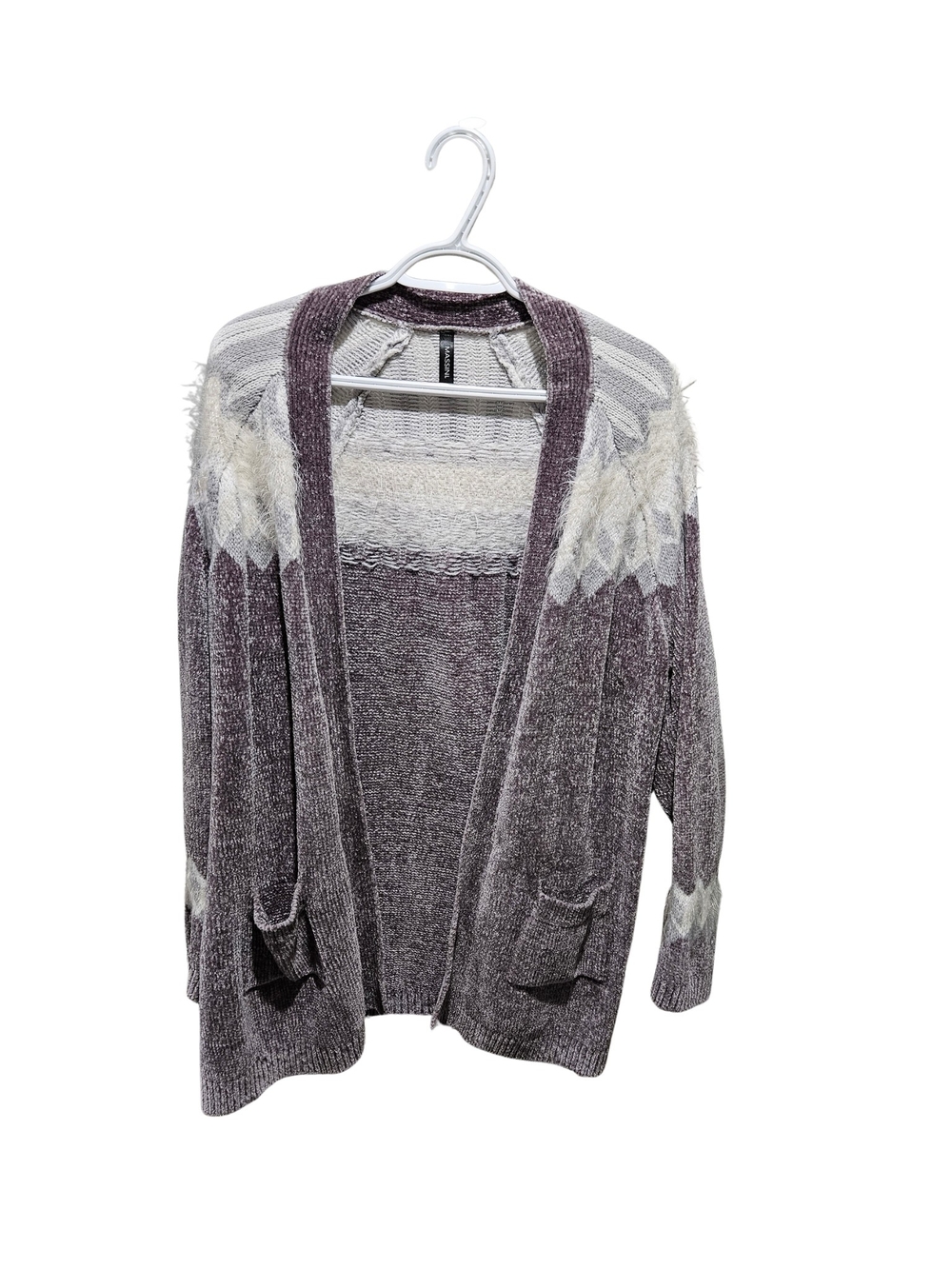 Massini Plum Open-Front Cardigan with Ivory Chevron Detail